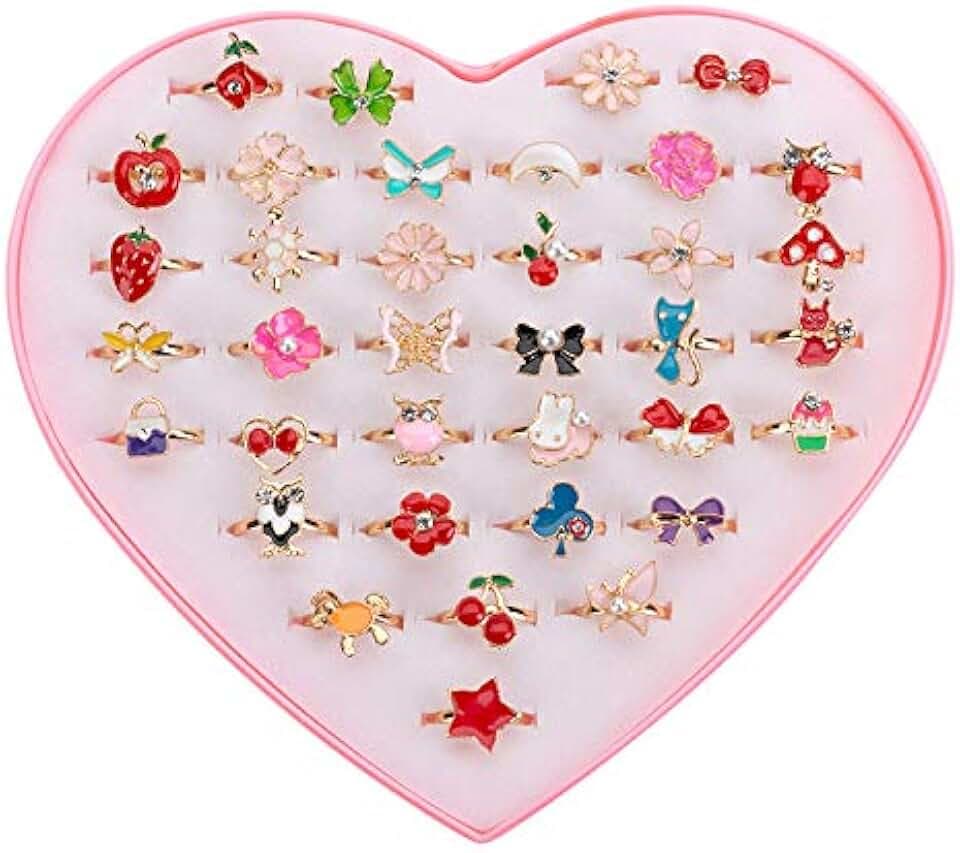 ACTOYS Set di Anelli Gioiello Regolabili per Bambine e Ragazze - 36 Pezzi per Feste di Compleanno