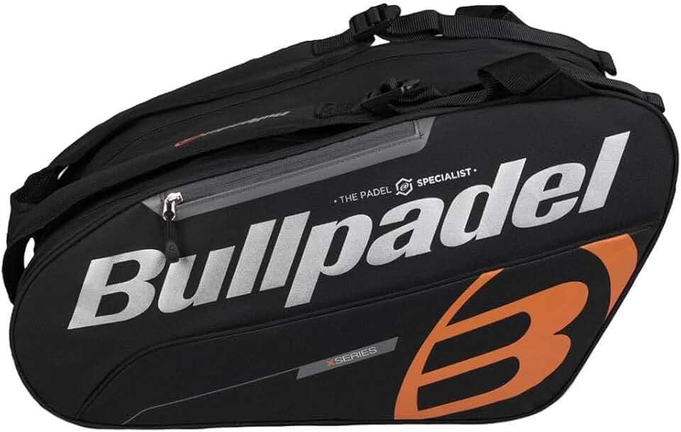 Borsa porta racchette Bullpadel Tour nera, con dettagli in bianco e arancione, con tasche per racchette, scomparto per abbigliamento o materiale e tasche aggiuntive, manici imbottiti e maniglie per il