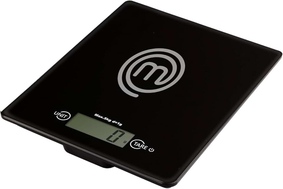 MasterChef Bilancia Cucina Digitale, Pesa Cucina Elettronica per Alimenti, in Grammi e Once (Limite di 5 kg), con Funzione Tare, Vetro temperato, Spegnimento Automatico, Professionale, Nera