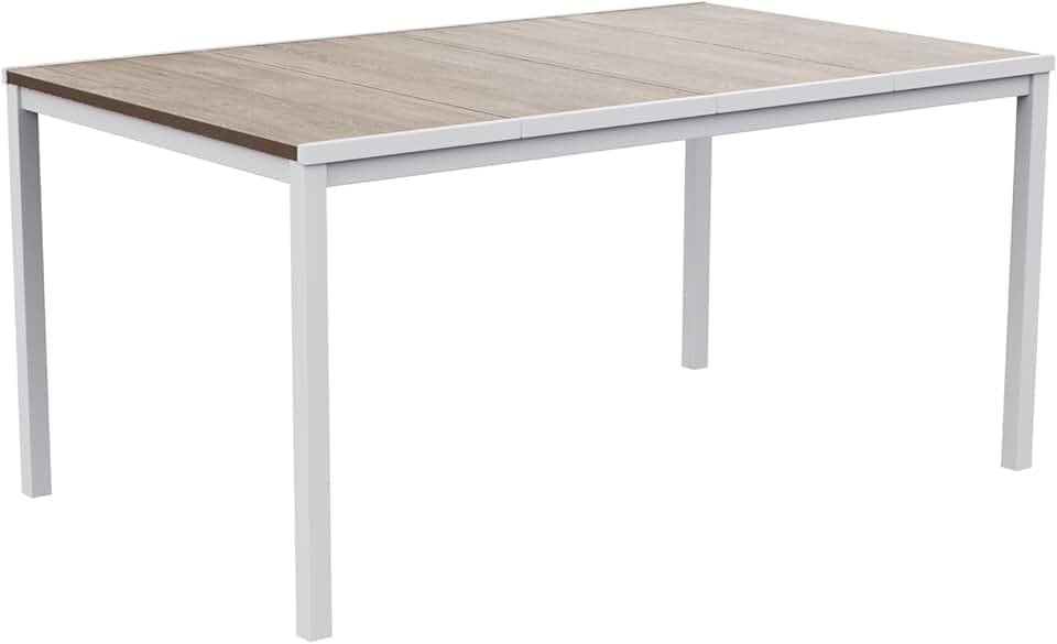 Keter Avon Tavolo da Pranzo Esterno per Giardino e Terrazza, 160x95x75H cm, Adatto per 6 Persone, Piano in Finitura Effetto Legno, Struttura in Metallo Bianca