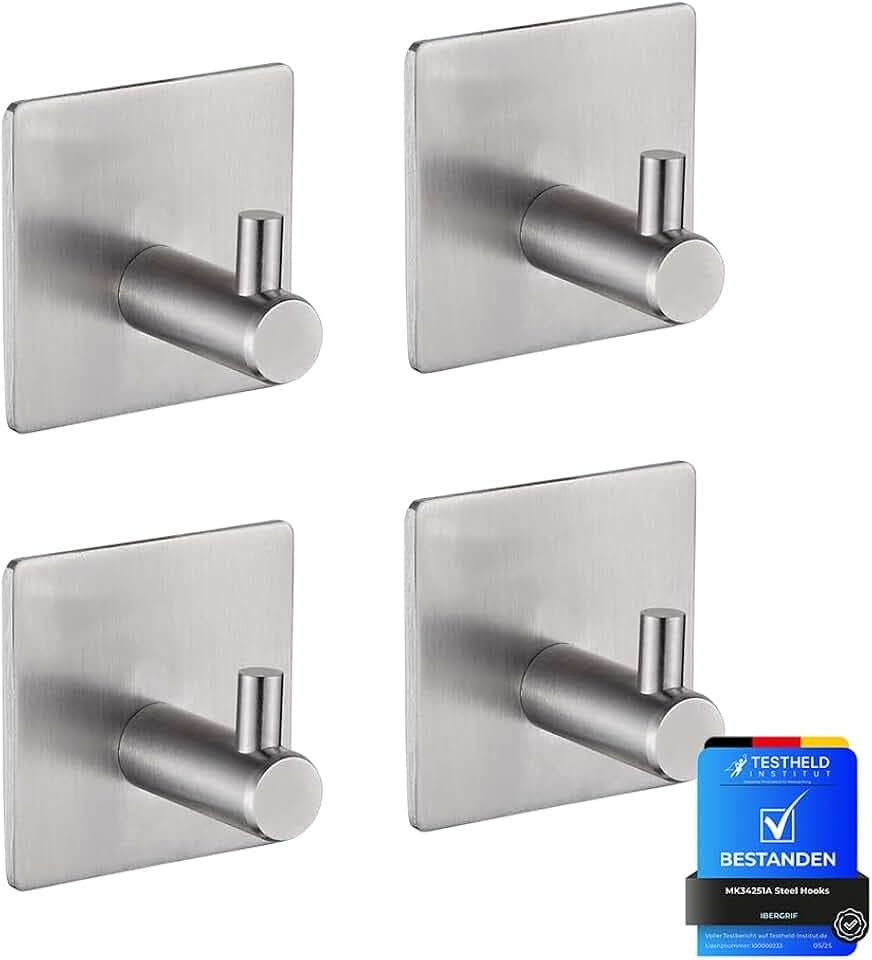 Ibergrif MK34251A - Ganci autoadesivi resistenti, per bagno o cucina, 4 pezzi, colore: argento Global Recycled Standard