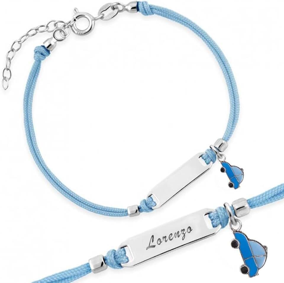Sakrami Bracciale Argento 925 Bimbo Cordoncino Azzurro Macchinina Kids Collection + Confezione Regalo Personalizzata - Braccialetto per Nascita Comunione o Battesimo