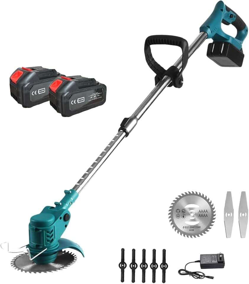 A.M.C. Decespugliatore Elettrico a Batteria, Tagliabordi tagliaerba a Batteria con 2 Batterie, 3 Tipi lame, Altezza e Angolazione regolabili, Per Il Taglio Di Giardini, Prati E Terreni
