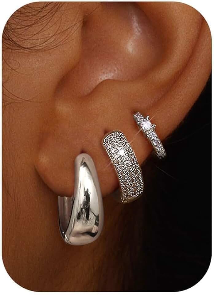 Chriscoco 3Paia Orecchini Cerchio Oro/Argento Set Anallergici Orecchini Donna Oro Placcato 14K Orecchino a Cerchio Piccoli per Fori Multipli