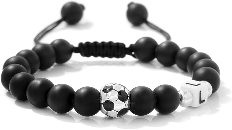YUPZAR Braccialetto da calcio per ragazzi con lettera iniziale(M), ciondolo per tifosi di calcio, in pietra naturale, per figlio,cresima ragazzo, regalo di compleanno, regalo di Natale per ragazzi