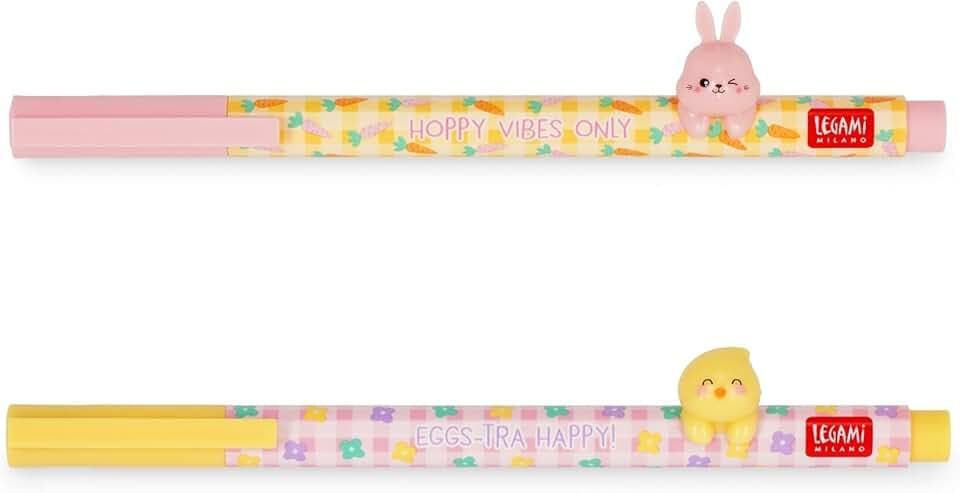 Legami - Set di 2 Penne Gel Lovely Friends, Hoppy Easter, Edizione Limitata, Animaletto Decorativo Rimovibile e Ricombinabile, Evita il Rotolamento, Inchiostro Rosa e Viola