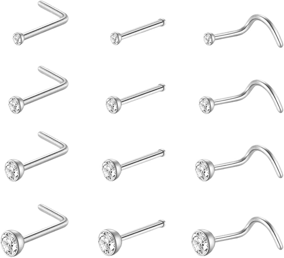 JEYORZY 12 Pezzi Piercing Naso Ipallergenico perno nasale, Piercing Naso per Donna, Piccolo Piercing Forma perno nasale Brillantino per Donne Uomini Piercings Nostril, Nostril Piercings Gioielli