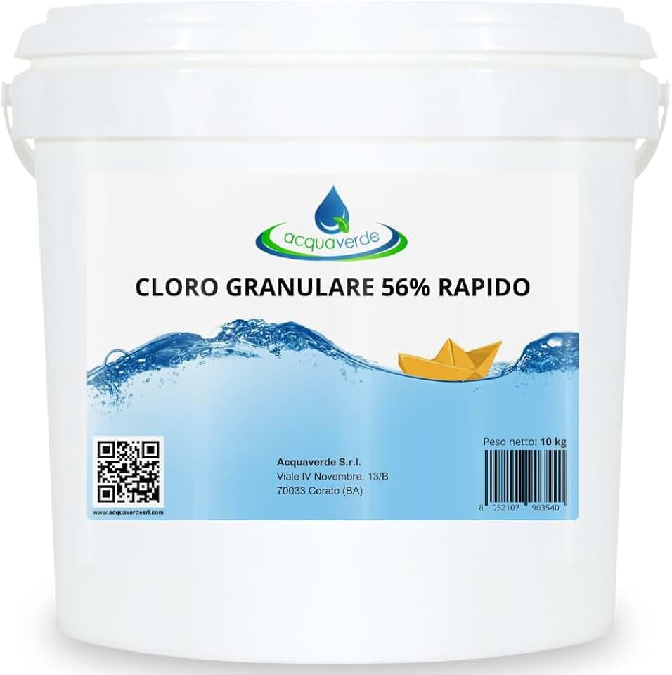 acquaverde | Cloro Granulare per Piscina 56% Rapido 10 kg, Dicloro Stabilizzato a Rapida Dissoluzione per Trattamento Shock, Mantenimento, Iperclorazione, Pulizia ed Igiene dell'Acqua di Piscine