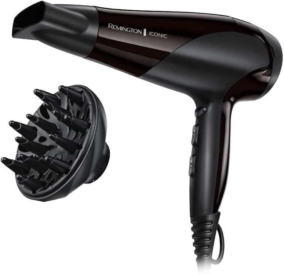 Remington Asciugacapelli 2200W - Leggero e Potente - Funzione Ionica per risultati ottimi, 3 livelli di riscaldamento, 2 livelli di ventola separati + livello di raffreddamento, Diffusore - D3198