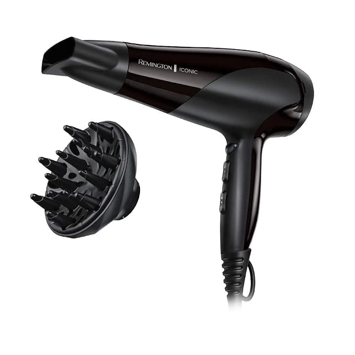Remington Asciugacapelli 2200W - Leggero e Potente - Funzione Ionica per risultati ottimi, 3 livelli di riscaldamento, 2 livelli di ventola separati + livello di raffreddamento, Diffusore - D3198