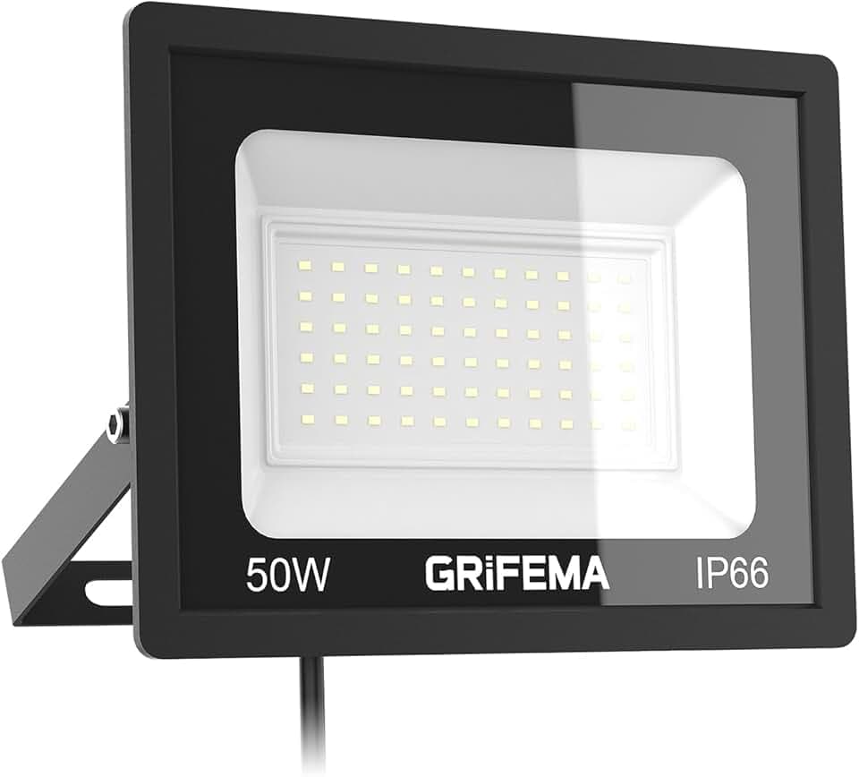 GRIFEMA Faretto LED da Esterno 50W, 5500LM 6500K Luce Bianca Fredda, IP66 Impermeabile, Faro LED Regolabile a 180° per Giardini, Terrazze, Garage e Sicurezza, Risparmio Energetico, Senza Spina