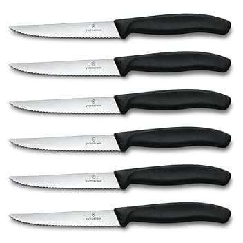 Victorinox Set di Coltelli Bistecca e Pizza Professionali Swiss Classic, 6 Pezzi, Coltelli da Tavola, Lame Affilate Ondulate, 11 cm, Manici in Plastica, Nero