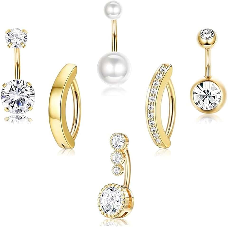 ZILZUFA ZILZUFA Piercing Ombelico Oro e Argento con Perle, Anello per Ombelico con Strass, Piercing Ombelico Pendente Regalo, Design Elegante e Unico