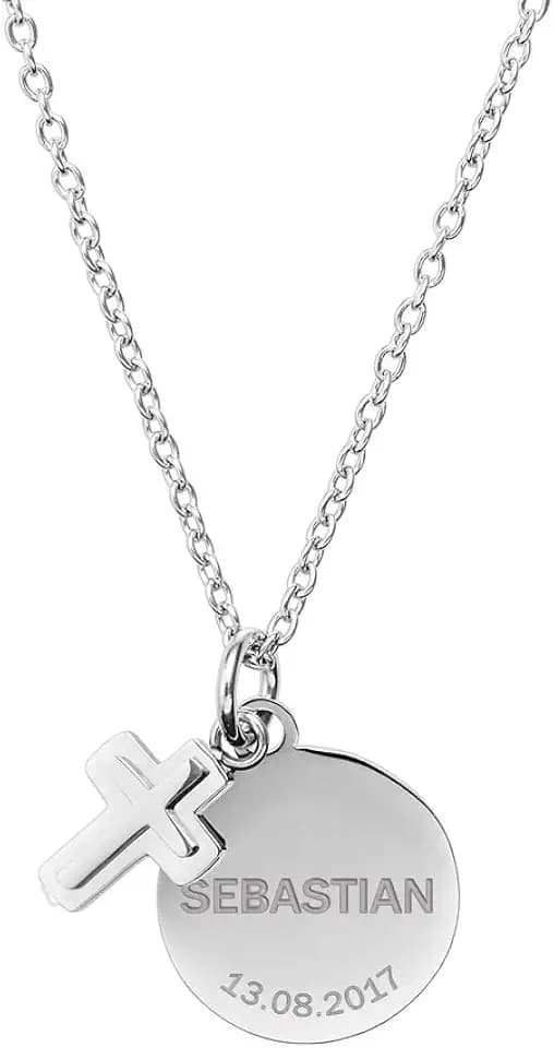 Gravado Collana da Bambina in Acciaio Inox con Ciondoli Angelo Cuore Croce