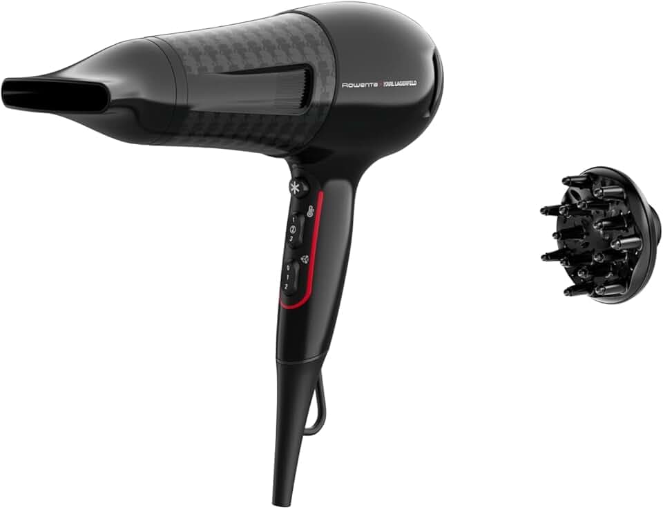 Rowenta x Karl Lagerfeld CV591L Powerline Asciugacapelli, 2300 W, Boost di Ioni, Impostazione Thermo Control per Proteggere i Capelli, 6 Impostazioni di Velocità/Temperatura