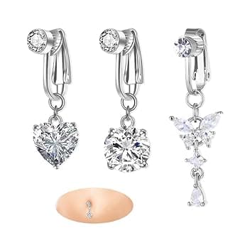 YZROHYI 3 Pezzi Piercing Finto per Ombelico, Clip Pendente in Acciaio Chirurgico, Gioielleria Anallergica per Donna
