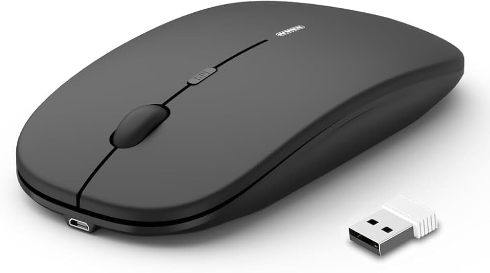 Mouse wireless silenzioso USB senza fili, sottile, ricaricabile, 10 m di distanza, 1600 DPI, 3 livelli di regolazione, silenzioso, per casa e ufficio per Windows, Mac OS e Linux, nero