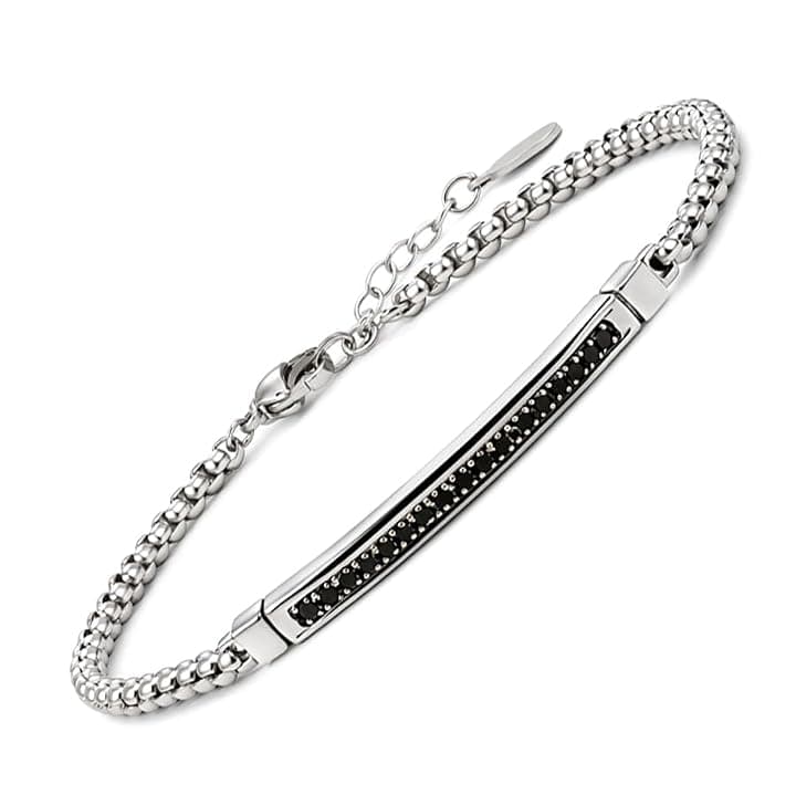 SAGA GIOIELLI Bracciale Uomo Acciaio con maglia tonda, barretta centrale e cristalli neri – Idea Regalo Festa del Papà, Compleanno, Natale, San Valentino, Anniversario - Confezione regalo inclusa
