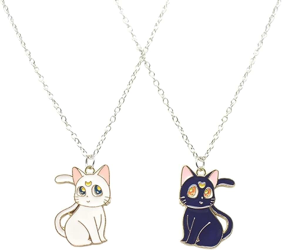 QEQSHQO QEQSHQO Collana Dell Amicizia per 2 Bimba, Bff Collane a Catena con Ciondolo Luna, Gatto Nero Bianco Best Friends Forever, Amicizia Gioielli Regali per Bambini Madre Ragazze Amici Sorelle