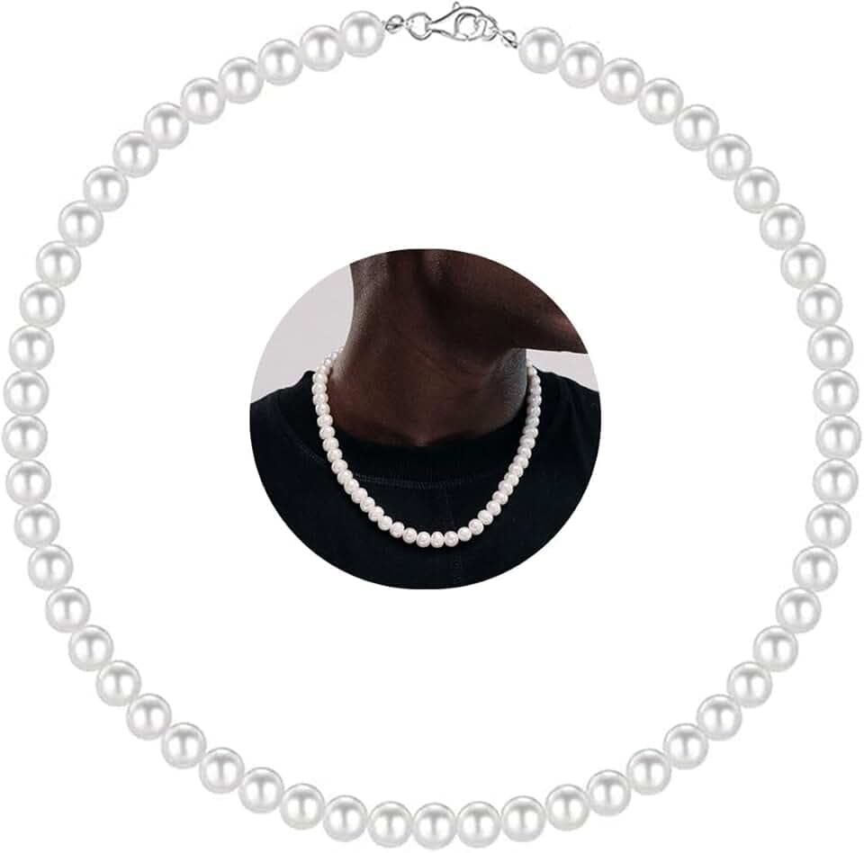 Hipwope HIPVOPE 6/8 mm Collana di perle per Uomo collana di perle finte Collane da uomo 16/18/20/22/24 pollici lunghezza collana di perle girocollo collana di perle bianche Uomo Gioielli