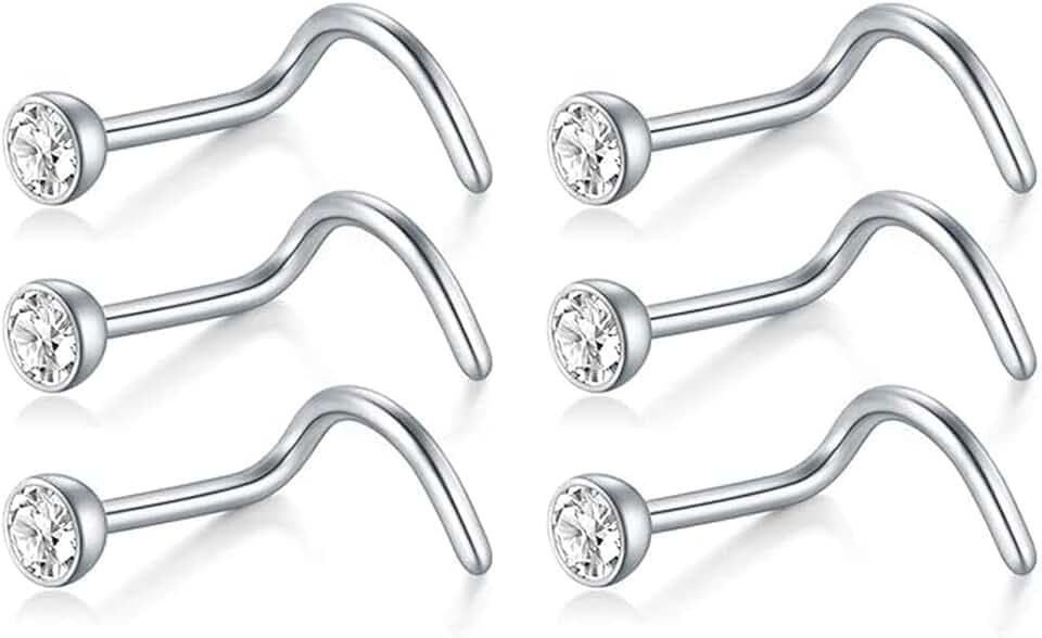 Piercing Naso 6 Pezzi, Acciaio Chirurgico 316L Forma L Con Zirconia Argento 2Mm Per Vari Stili