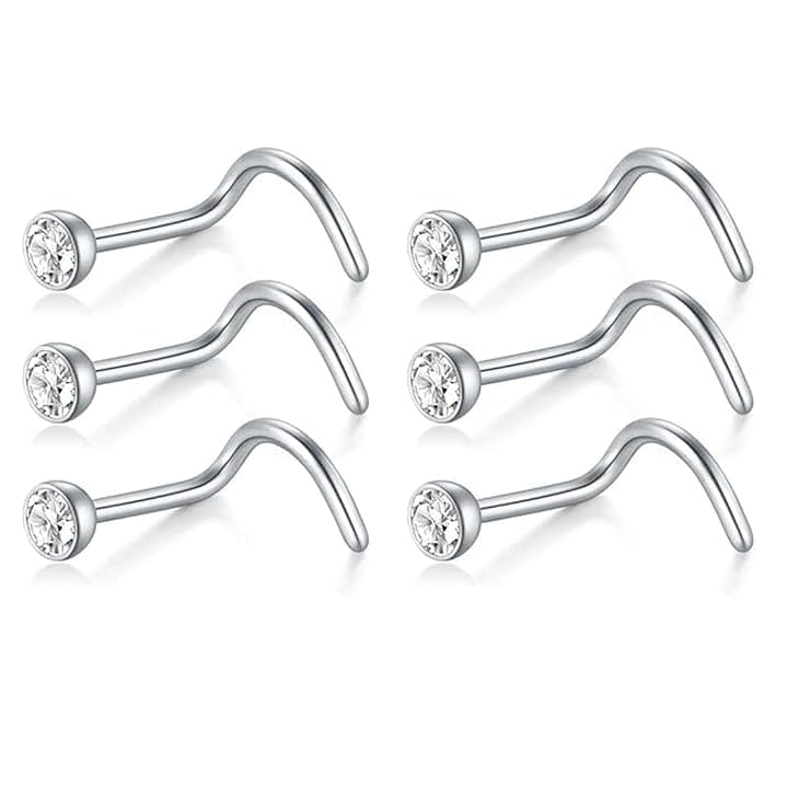 Piercing Naso 6 Pezzi, Acciaio Chirurgico 316L Forma L Con Zirconia Argento 2Mm Per Vari Stili