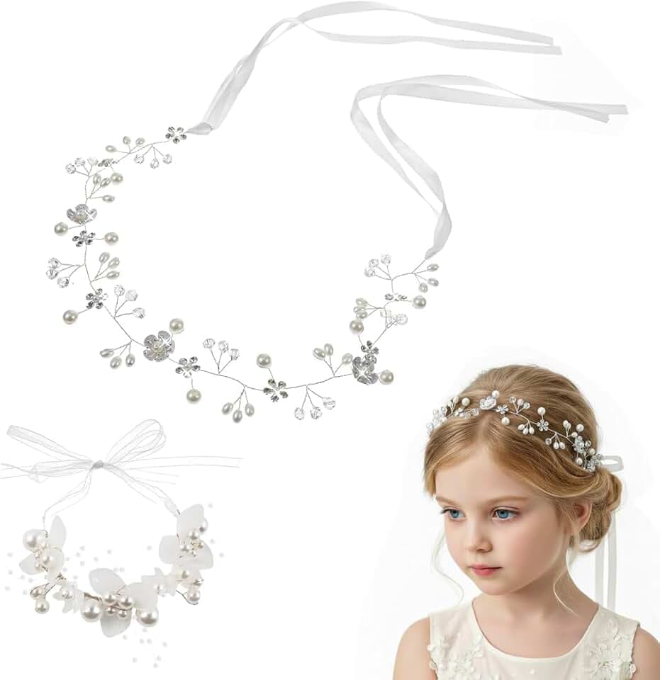 YUZNA YUZNA 1 Accessorio per Capelli + 1 Braccialetto, adatto per Spose, Donne e Prima Comunione, Matrimonio, Fiori per Capelli, Bambini, Corona di Fiori, Cerchietto, Coroncina con Braccialetto (Argento)