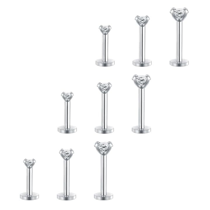MODRSA 16G 2-4mm Chiaro CZ Labret Piercing Labbro Acciaio Chirurgico Trago Helix Orecchio Piercing Anello 6-10mm 9 Pezzi