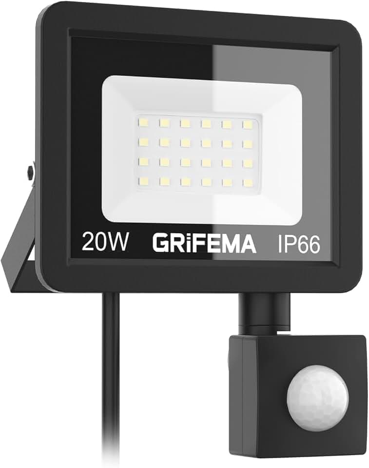 GRIFEMA 20W Faretto LED da Esterno con Sensore di Movimento, 2200LM, 24 LED 6500K Bianca Fredda, IP66 Impermeabile, Faro LED per Giardino, Garage e Cortile, Modalità Regolabili, Senza Spina