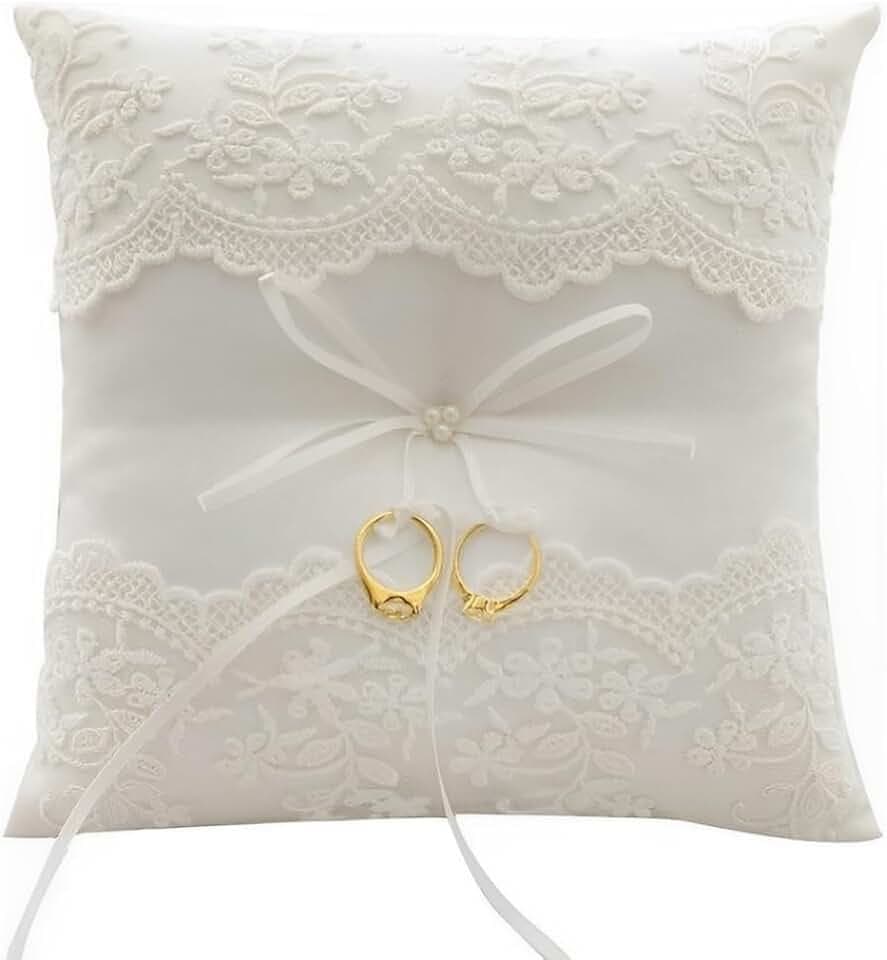 Voarge Voarge Cuscino per fedi nuziali, con pizzo e fiore, Cuscino Porta Anelli Ricamato Floreale Bianco
