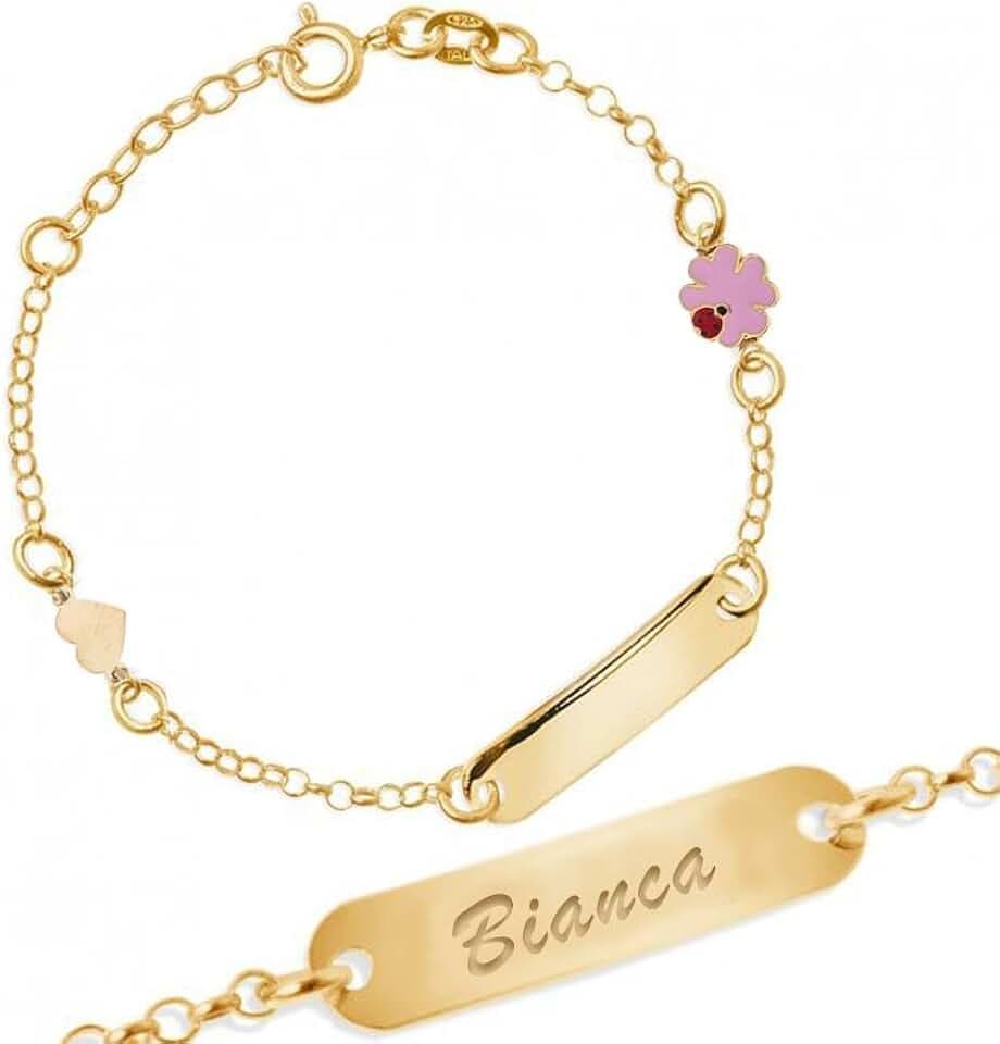 Sakrami Bracciale in Argento 925 Piastrina Incidibile per Bambini con Quadrifoglio Smaltato + Confezione Regalo Personalizzata - Braccialetto per Nascita Comunione o Battesimo