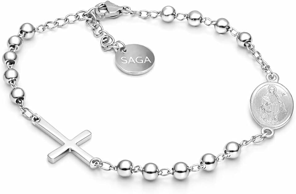 SAGA GIOIELLI Bracciale Rosario Uomo Donna in Acciaio Inossidabile – Braccialetto Religioso con Croce e Medaglia, Sfere 4 mm, Lunghezza Regolabile 16,5 + 3,5 cm – Idea Regalo Fede Elegante