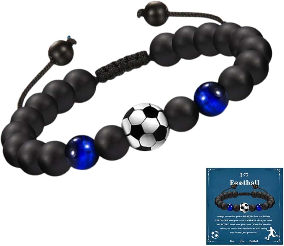 YUVKIN Regali Calcio per Ragazzi, Braccialetto Calcio per Bambini, Bracciale in Pietra Naturale con Design Pallone da Calcio, Idee Regalo per Bambini 5-10 Anni