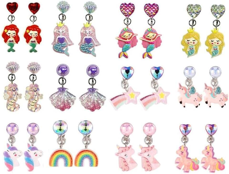 ZILZUFA Orecchini a Clip 12 Paia per Ragazze, Accessori in Resina Non Allergici, Gioielli da Principessa con Unicorno, Sirena, Arcobaleno