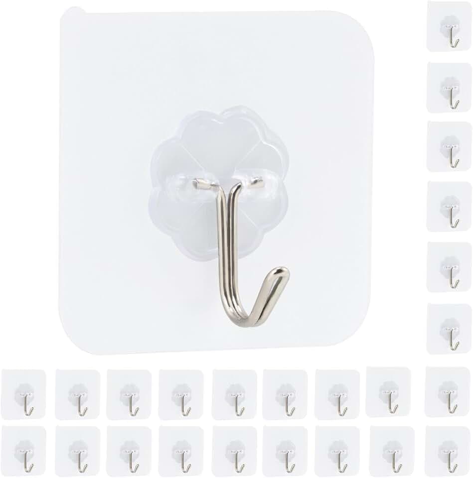 24 Pezzi Ganci Adesivi Trasparenti, Senza Chiodi e Senza Tracce, Supporto in Acrilico, Portaoggetti da Parete con Capacità 10 kg per Bagno e Cucina