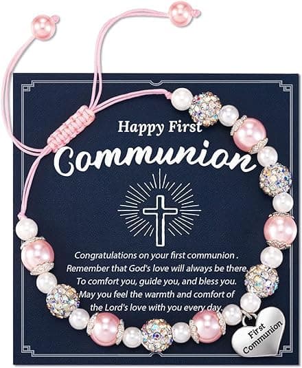 YUEXNKO Bracciale di Perle e Croce, Regali per la Prima Comunione per Ragazza, Comunione Bracciale, Braccialetto Regolabile, per Ragazze Regalo di Battesimo