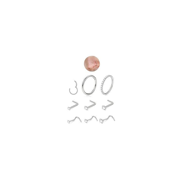 Set di 8 piercing da naso in titanio, ipoallergenici, dorati, sottili, piccoli, per donne e uomini, a forma di L, con zirconi, in argento