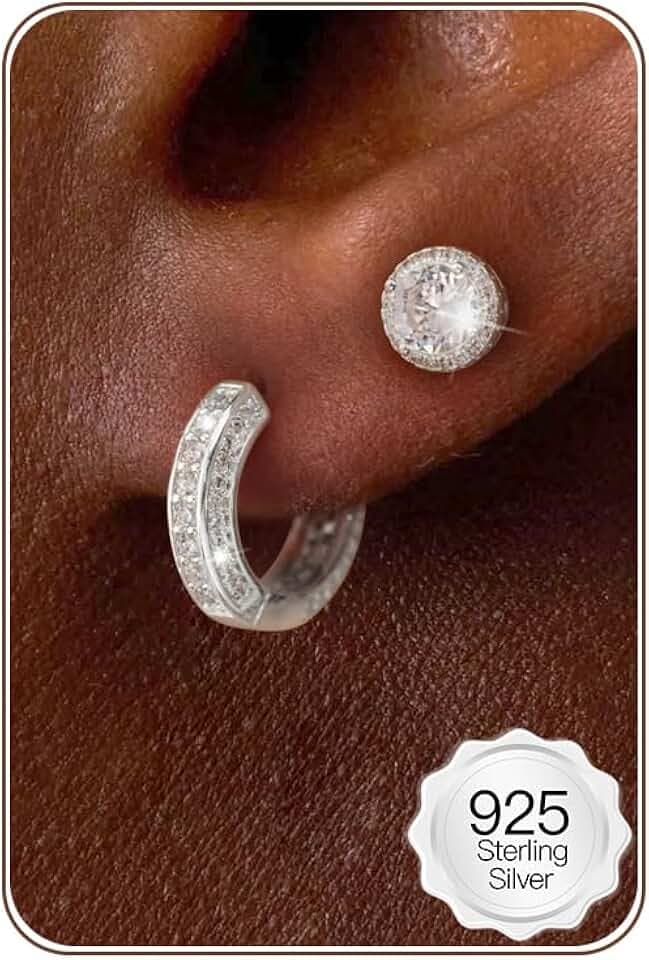 HANLI 2 Paia Orecchini Uomo Cerchio Diamante Argento 925 e Zirconi Cubici Anallergici Leggeri Trendy Gioielli di Moda per le Uomo