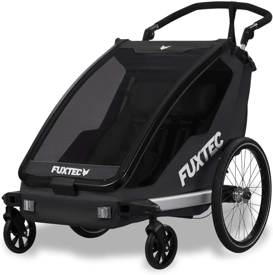 Fuxtec Carrello rimorchio per Bici Sportfux FX-FA1 con 2 Posti a Sedere, Borsa Posteriore con Riflettori, Maniglia adattabile, Protezione da Pioggia e Sole, Pieghevole