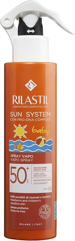 Rilastil Sun System Spray Baby, Vapo, Emulsione Corpo, Texture Leggera, per Pelli Sensibili di Neonati e Bambini SPF 50+ Protezione Molto Alta, Confezione da 200ml