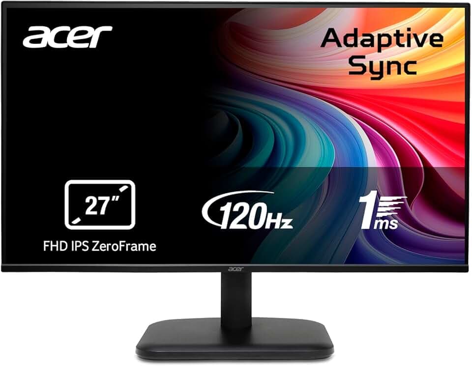 acer EK271Gbif Monitor PC 27", Display IPS Full HD, 120 Hz, 1ms (VRB), 16:9, AdaptiveSync, VGA, HDMI 1.4, Lum 250 nits, Schermo PC con Contrasto 100M:1, ZeroFrame, Cavo HDMI Incluso, Nero