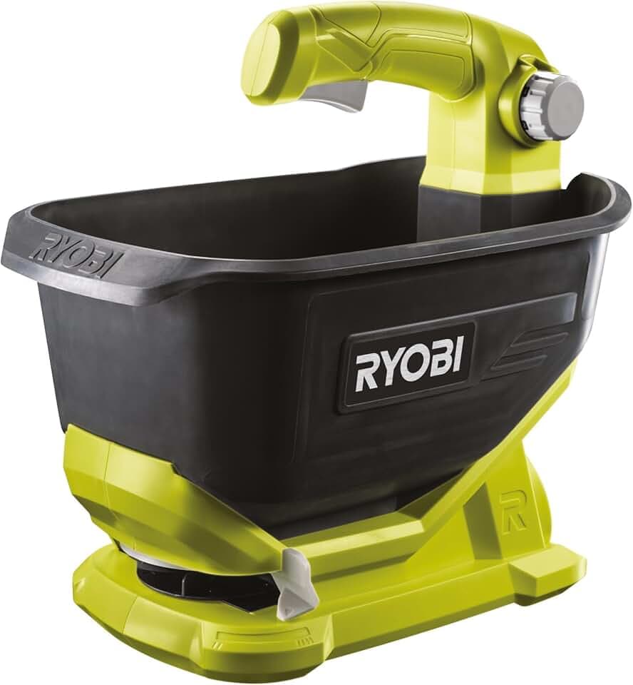 RYOBI Spargitore a Batteria 18V One+ 4L Senza Fili con Flusso Regolabile 2,5–3,5 m, Sistema Anti-Intasamento, Distribuzione Uniforme di Sementi, Fertilizzanti e Sale, Batteria Non Inclusa, OSS1800