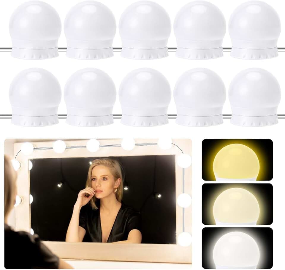 Auauraintt 10 luci LED per specchio dimmerabili Hollywood, 3 colori regolabili, lampada da toeletta, lampada da trucco, adatta per specchio da trucco, spogliatoio, bagno [classe energetica F]