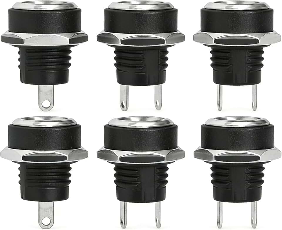 Nivofu 6x Presa Jack Alimentazione DC 5.5 x 2.1 mm, Connettore Femmina da Pannello a 2 Pin con Dado e Rondella, Adattatore di Montaggio in Metallo per Progetti Fai-da-Te, Riparazioni Elettroniche