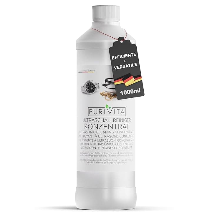 Purivita PURIVITA® Detergente per Pulizia Ultrasuoni [1L] - Concentrato Pulitore Ultrasuoni per Occhiali, Gioielli & Protesi Dentali - Pulitrice Ultrasuoni - Ultrasonic Cleaner - Dispositivi ad Ultrasuoni