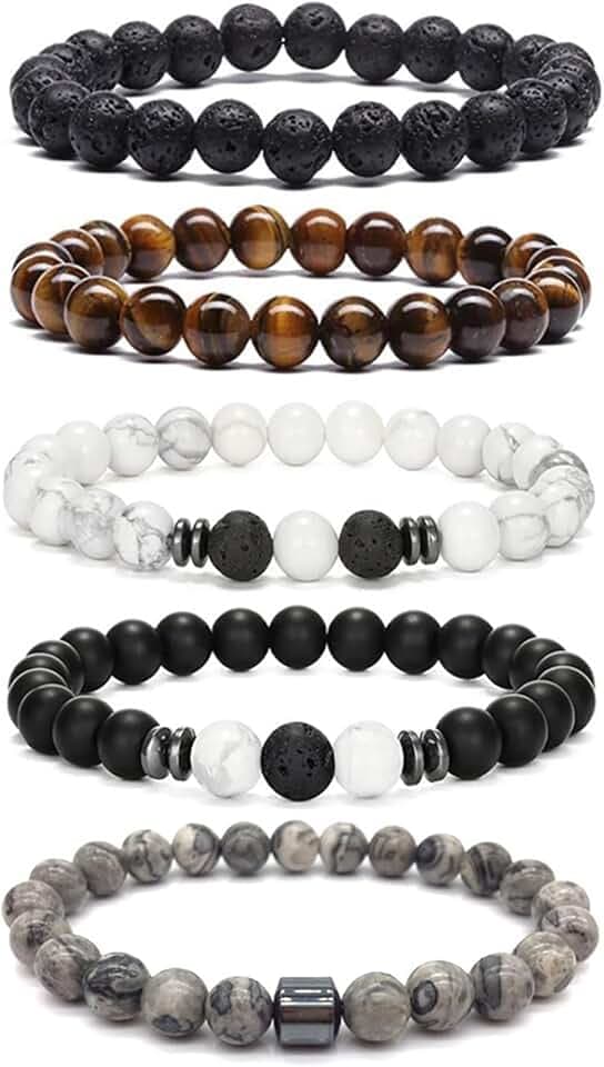 HTTDSLF Bracciale 5 Pezzi in Pietre Naturali - Occhio di Tigre 8MM, Pietra Lavica, Ossidiana Nera - Braccialetto Gioielli per Uomo Donna Regalo Personalizzato