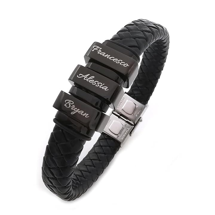 ALMENDRA Bracciale uomo personalizzato pelle festa del papà personalizzabile con incisione nomi figli acciaio nero simil pelle