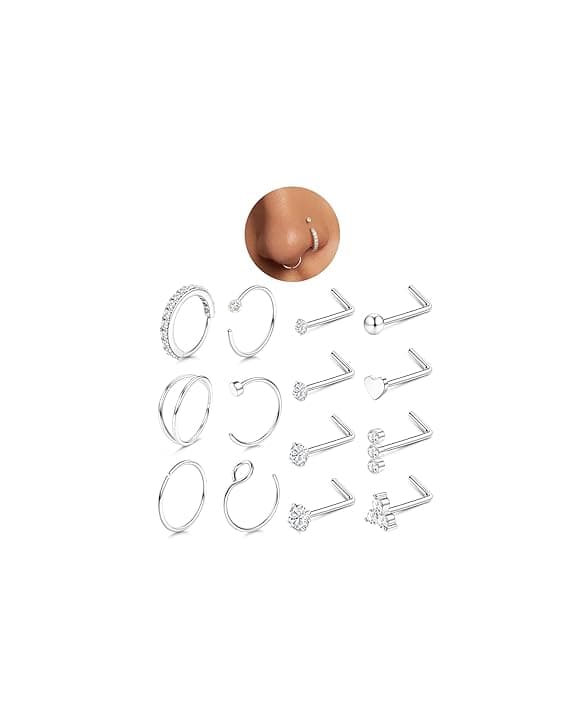 CASSIECA 14 Pezzi Piercing Naso Brillante Acciaio Chirurgico 20G L Naso Piercing CZ Piercing Anello Septum Piercing Argento Oro Nostril Borchi ClimeCo Certified