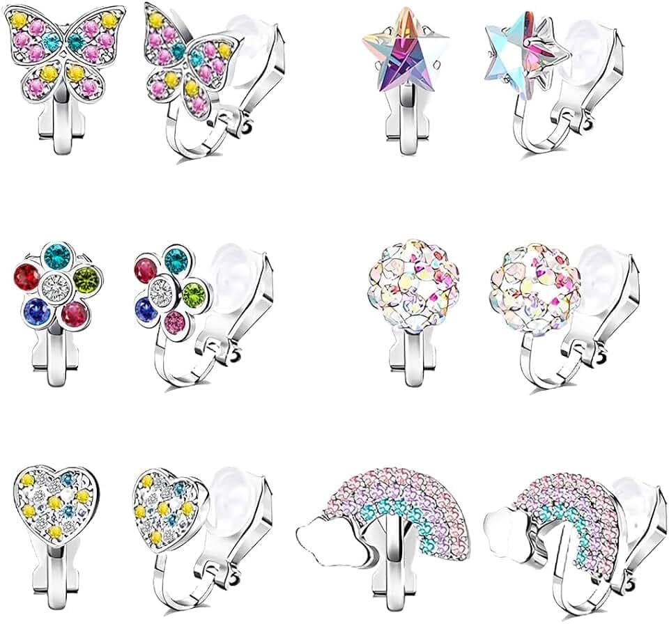 HMCEY 6 Paia Orecchini a Clip Bambini,Principessa Orecchini Senza Buco Colorati,Finti Orecchinis Anallergici,Clip On Earrings,Gioielli Orecchinis Clips Ragazza,Orecchinies Cuori Fiori Farfalle