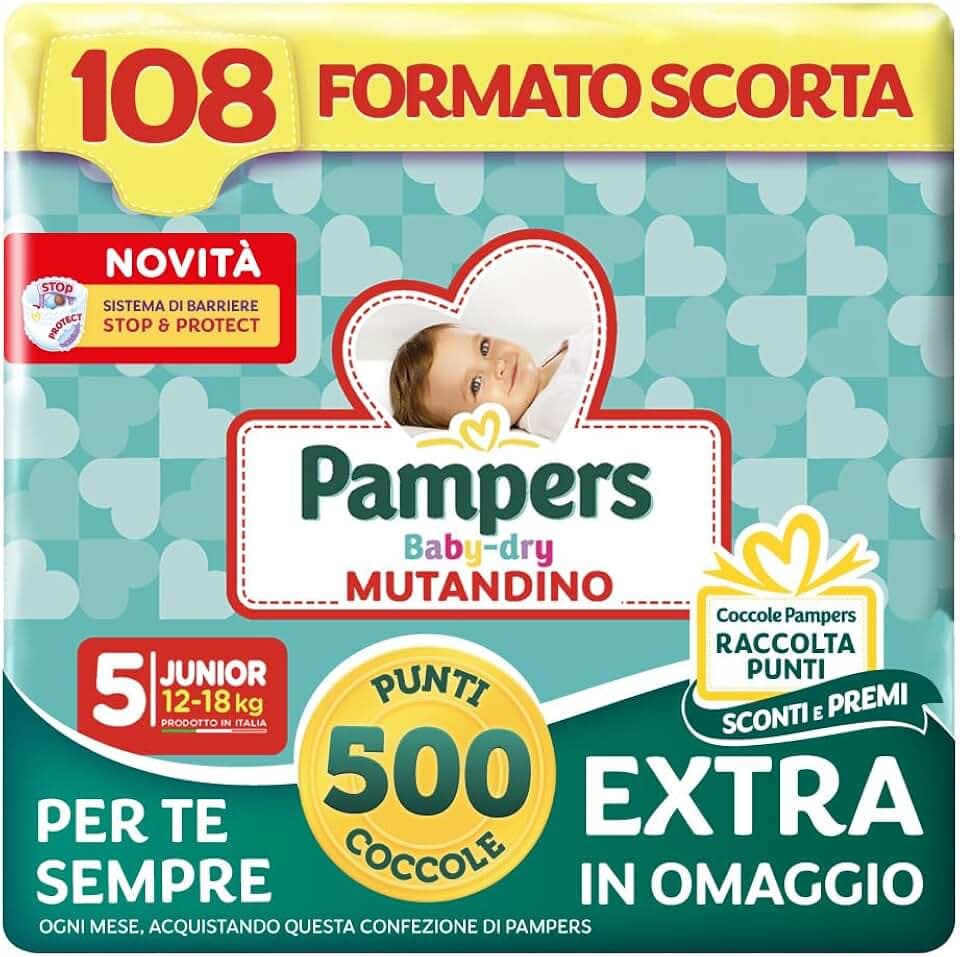 Pampers Baby Dry Mutandino Junior, Taglia 5 (12-18 kg), Formato Scorta, Barriera Stop&Protect, Anti-Fuoriuscite, Fascia Elastica, Asciutto 12h, Cambio Facile, 108 Pannolini Bambino + 500 Punti Omaggio